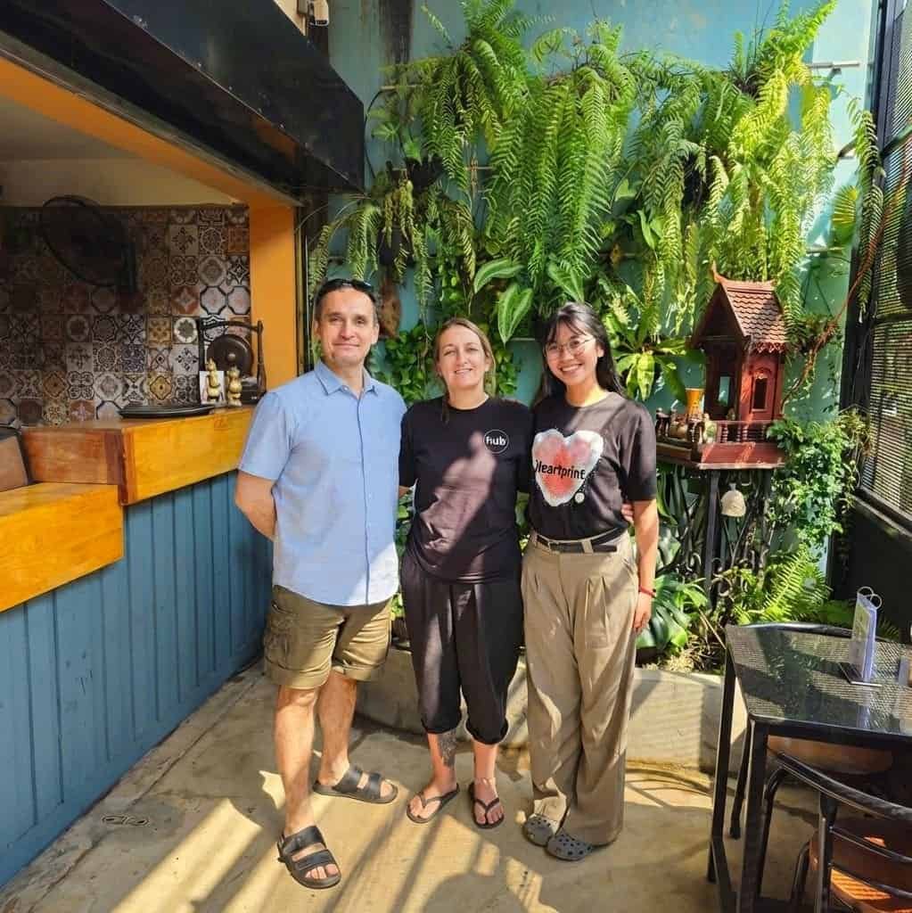Tim, Wendy, and Sokla at Heartprint Hub Siem Reap