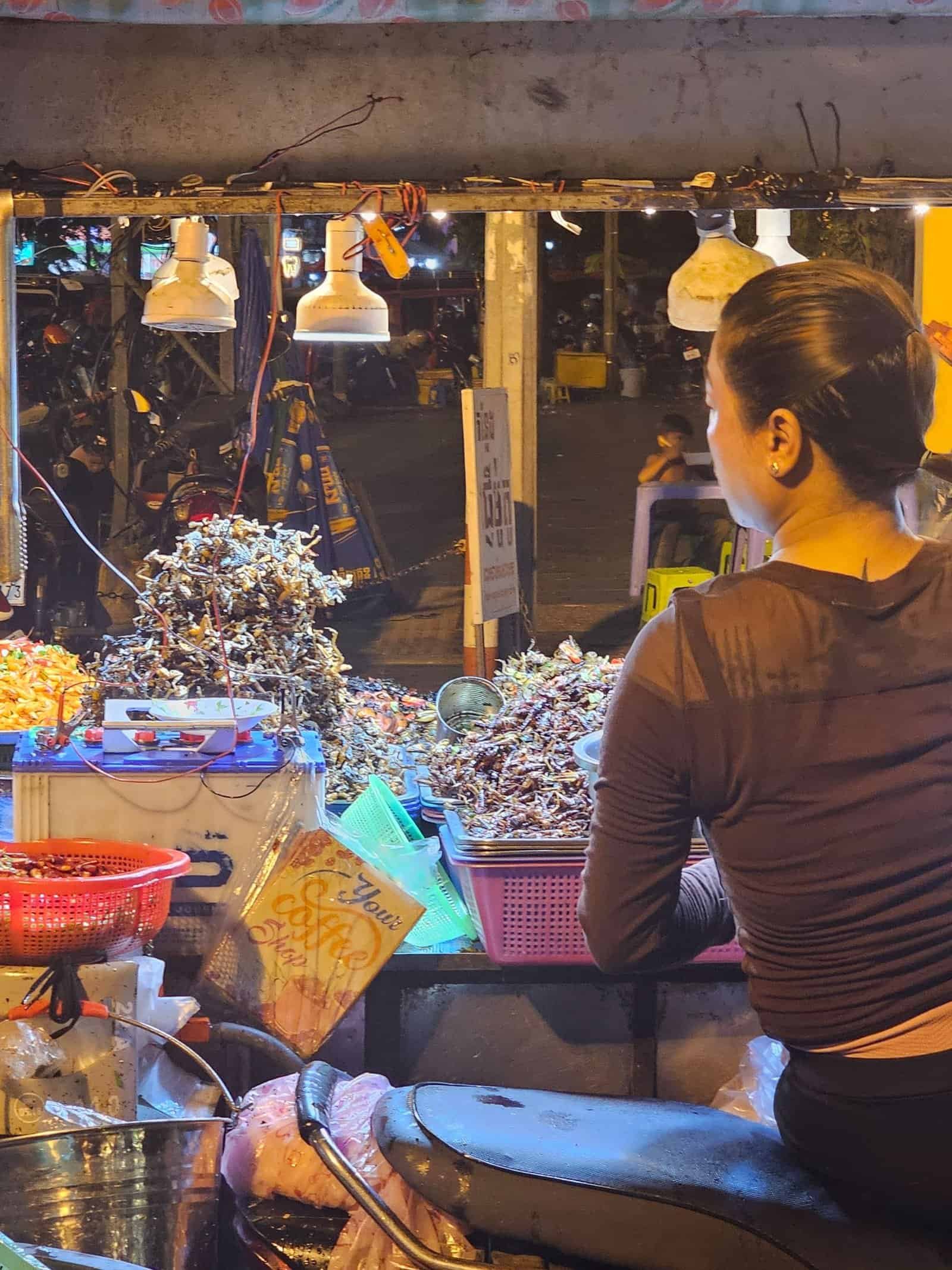 Phnom penh on foot: bassac lane, the riverside, and a day of wandering 27 » 2026 » roaming sparrow A Phnom Penh street stand piled with fried crickets and grasshoppers with chili