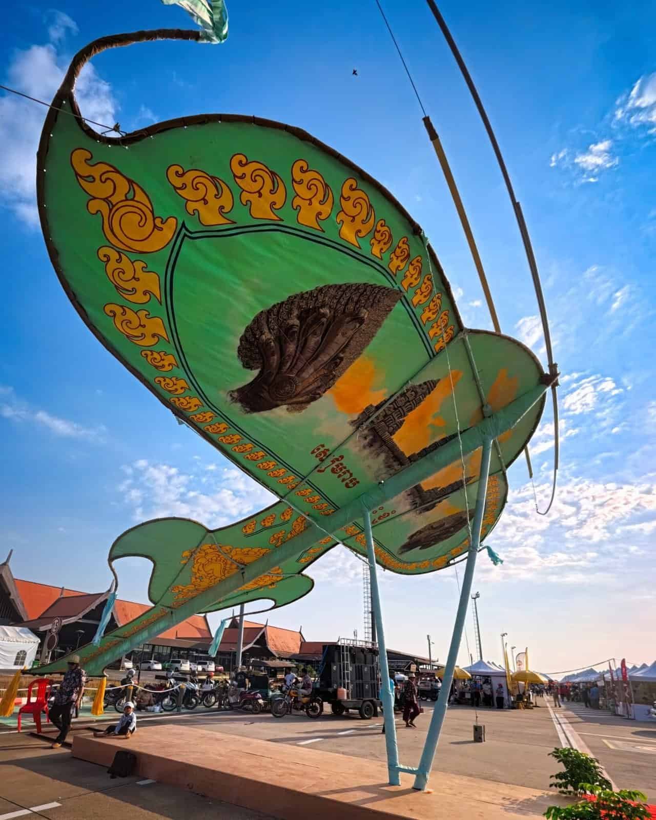 Traditional Khlaeng Ek musical kites on display at the Siem Reap Kite Festival